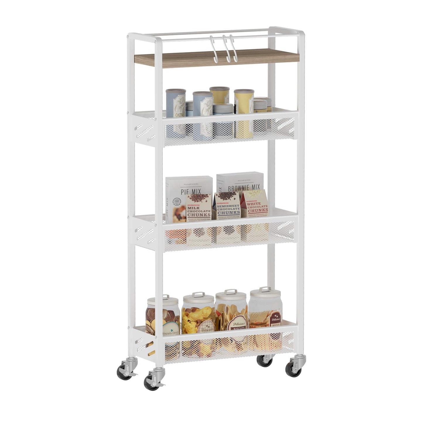 DGSNADGO Slim Rolling Storage Cart, 4-Tier Kitchen Cart on Wheels, Narrow Utility Cart with Handle and Wooden Tabletop for Small Space in Kitchen, Living Room, Bathroom, Laundry Room, Beige and White