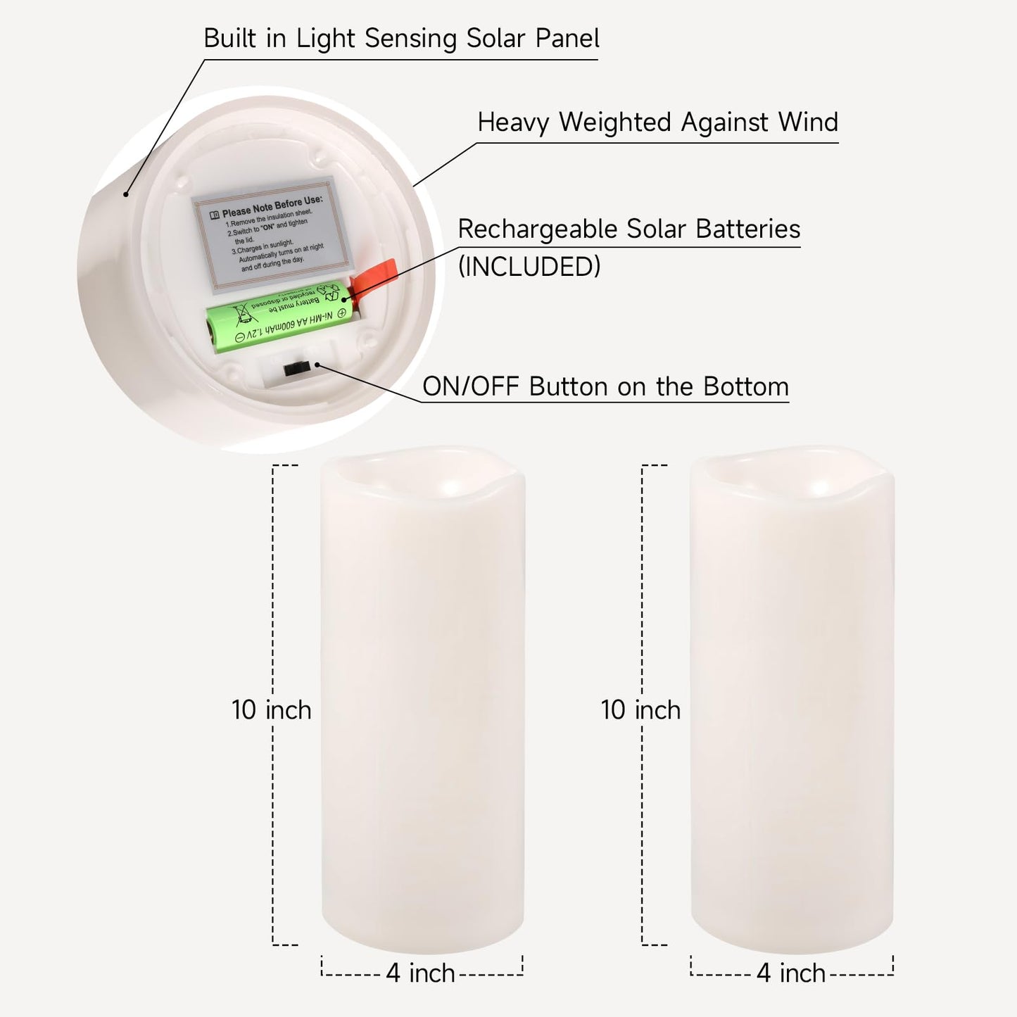 NURADA Large Outdoor Solar Candles Waterproof - 10" x 4" Rechargeable Solar Powered Flameless LED Pillar Flickering Candle for Patio Porch Lanterns Decor - Ivory White