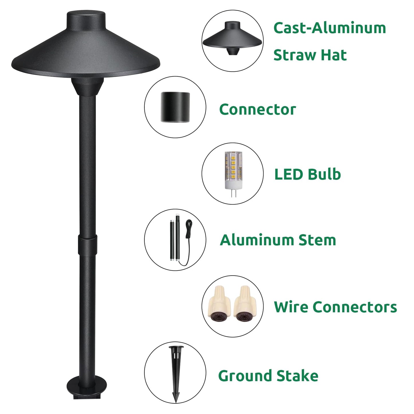 Lumina Lighting® Low Voltage Landscape Lighting Cast-Aluminum Path and Area Light Warm White 3W G4 LED Bulb and ABS Ground Stake Included for Yard Walkway Lawn PAL0106-BkLED6 (Black,6-Pack)