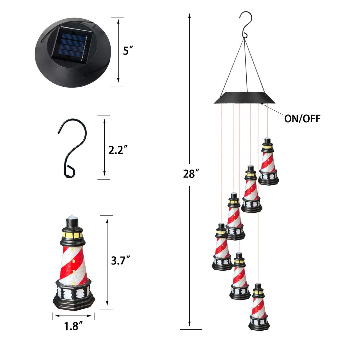 Lighthouse Solar Windchimes Outdoor Lighthouse Decorative Wind Chimes Solar Hanging Lighthouse Outdoor Garden Lighthouse(Red)