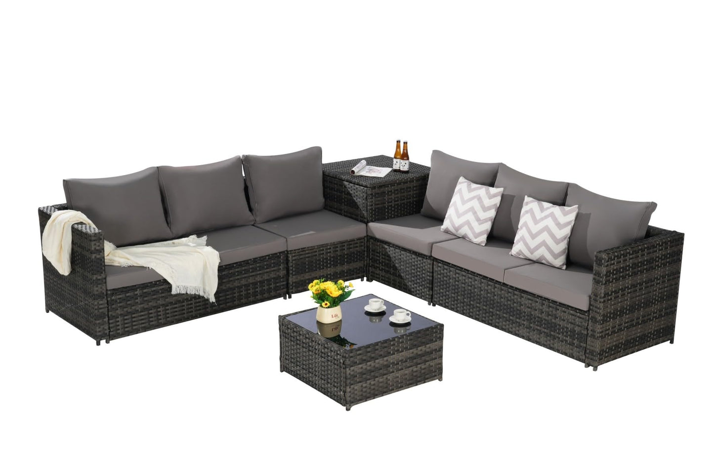 KEIKI 6Pcs Outdoor Patio Sectional Couch Sofa Conversation Furniture Sets with Chair, Storage Corner Cabinet, Glass Top Coffee Table & Cushion, Wicker Woven Seating for Backyard Lawn