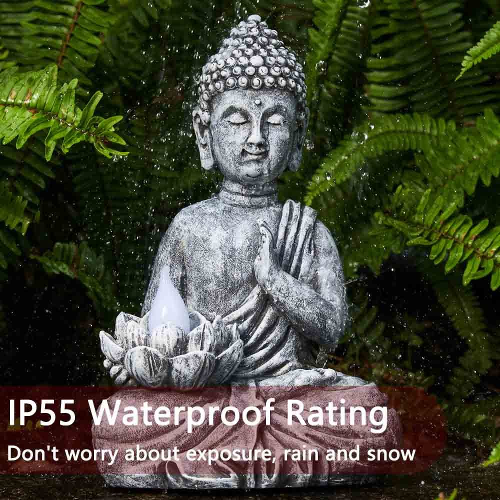 Yiosax Solar Buddha Statue - Outdoor Zen Sculpture With Flickering LED Lotus Light - Waterproof Garden Decor Gift - 11.81 Inch
