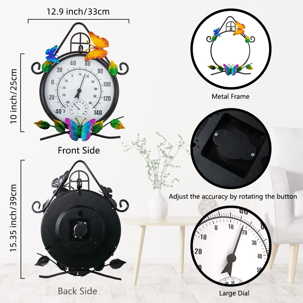 HOBYLUBY Indoor Outdoor Thermometer,Large Wall-Mounted Thermometer with Humidity, Easy to Read Decorative Outside Thermometer for Patio, Garden, No Require Batteries(Black)
