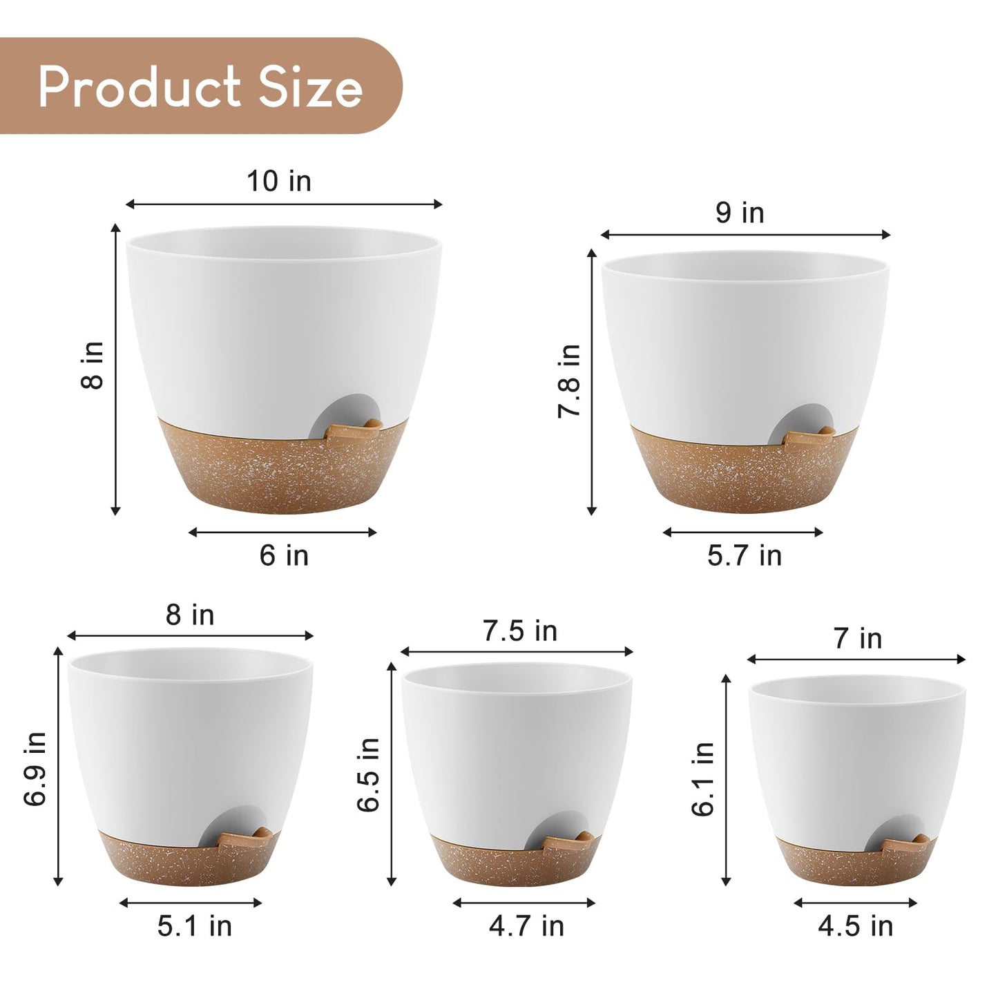 YNNICO Plant Pots 10/9/8/7.5/7 inch, Self Watering Planters with Drainage Holes & Saucers for Indoor and Outdoor Plants (White)