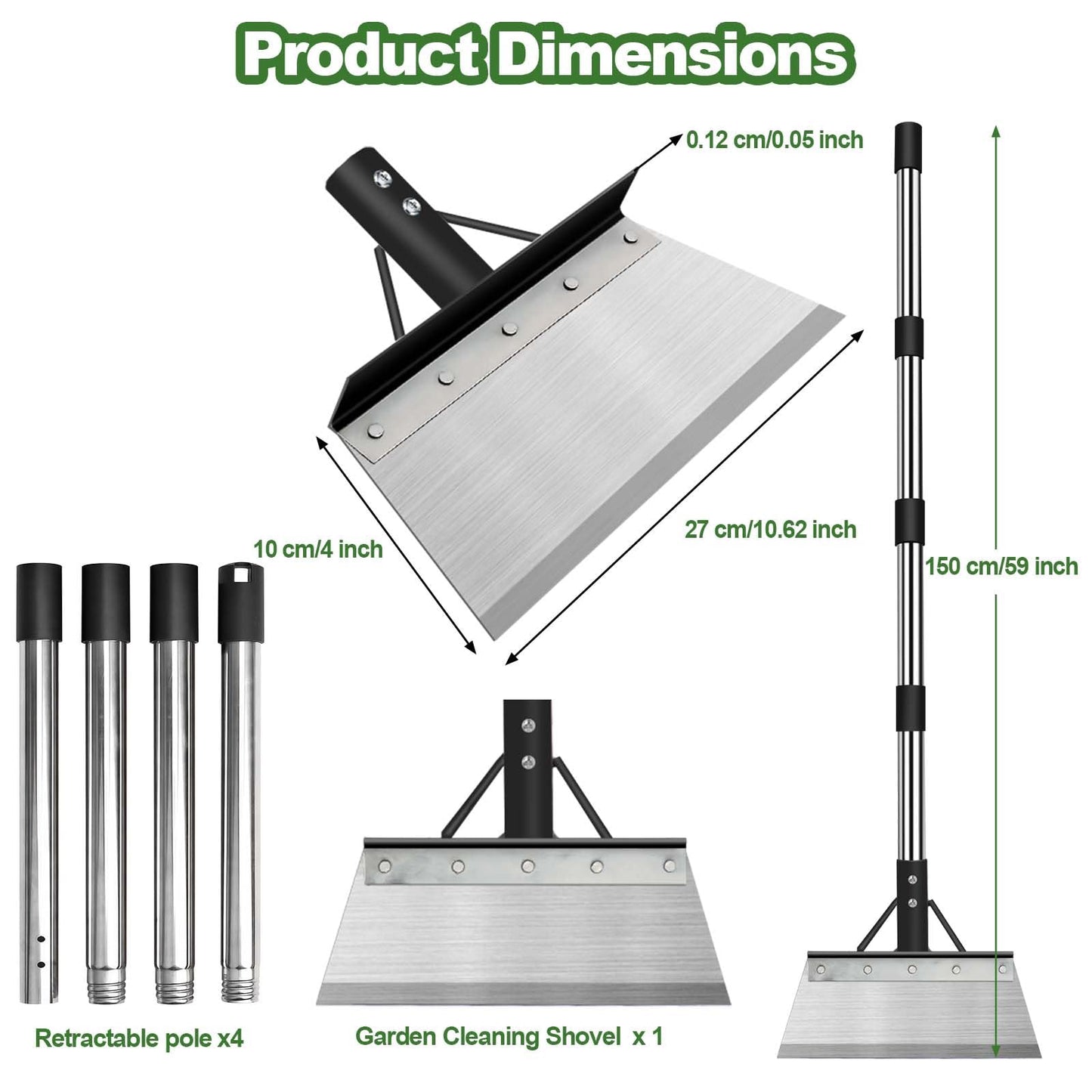 INCIKITI Multifunctional Garden Cleaning Shovel, Heavy Duty Steel Flat Shovel with 59" Adjustable Handle, Snow Ice Scraper, Outdoor Spade Tool for Weeding, Lawn Edging, Digging, Ice Removal