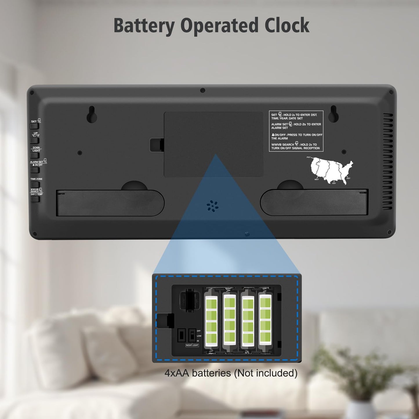 WallarGe 14.5'' Atomic Clock with Backlight, Large Digital Wall Clock Battery Operated, Large Display with Temperature and Date, Easy to Read and Set Digital Wall Clock, Auto DST