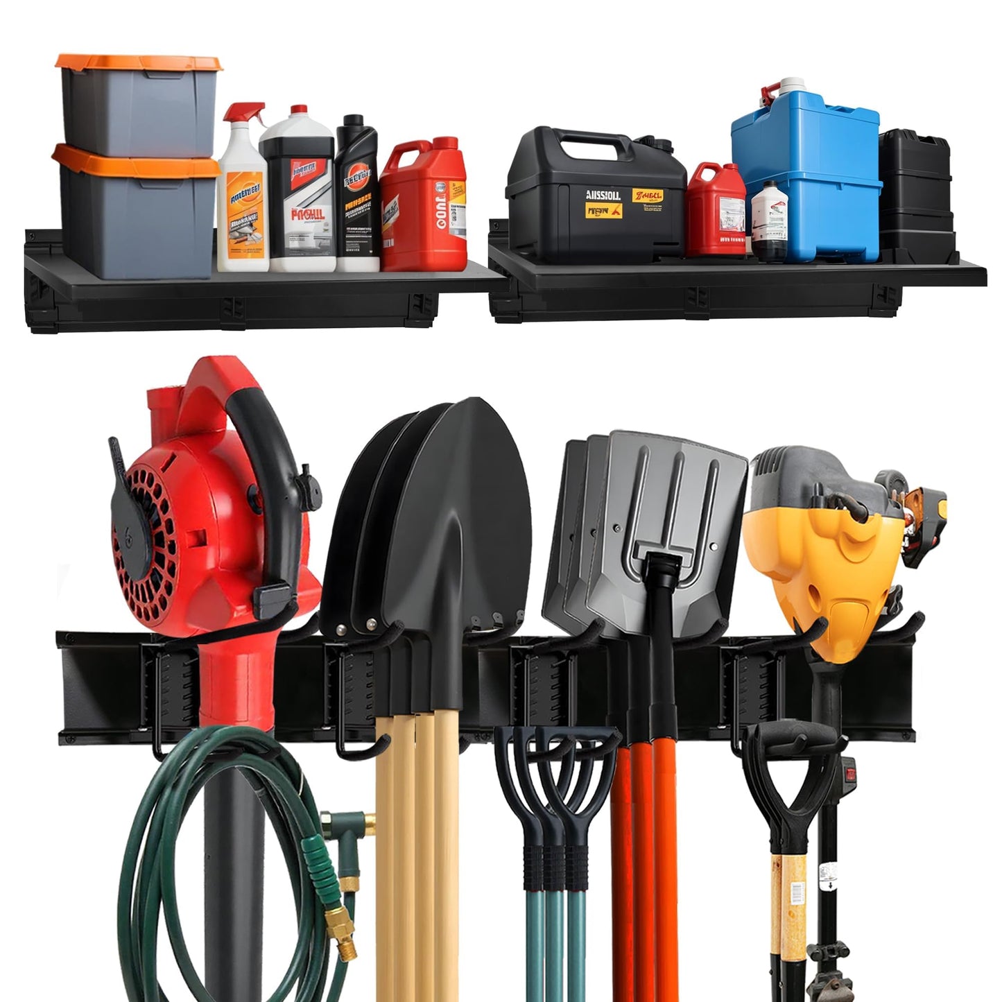 TIDYME Heavy-Duty Garage Wall Storage System | Wall Mounted Tool Organizer Rack with Shelving | 10-Piece Mounting Kit | Includes 4x10” Double-Layered Hooks & 2x16.5” Floating Utility Shelves