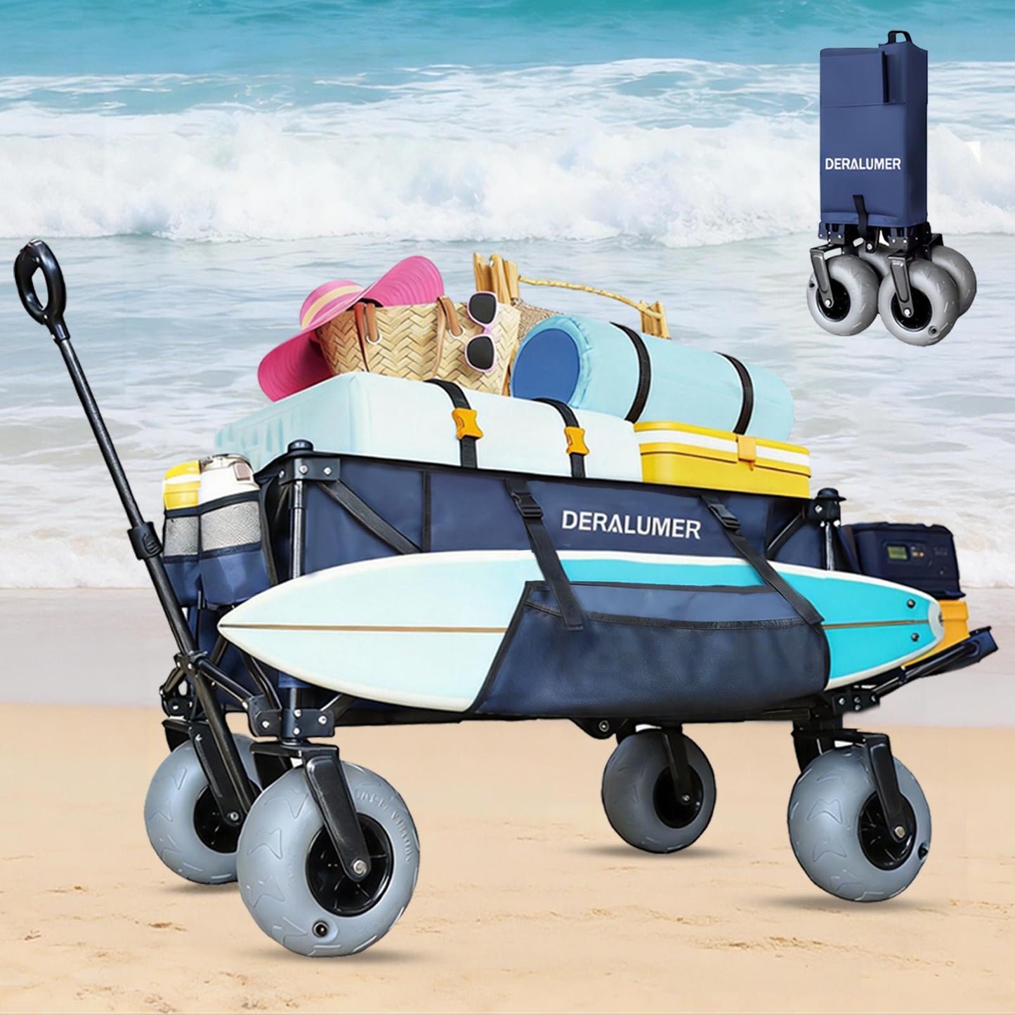 Deralumer X900 Beach Wagon with 9Ã4" Big Balloon Wheels for Sand, 48" Heavy Duty Folding Wagon with Expandable Tailgate & Side Bag, Collapsible Utility Cart for Beach, Camping, Fishing (Navy Blue)