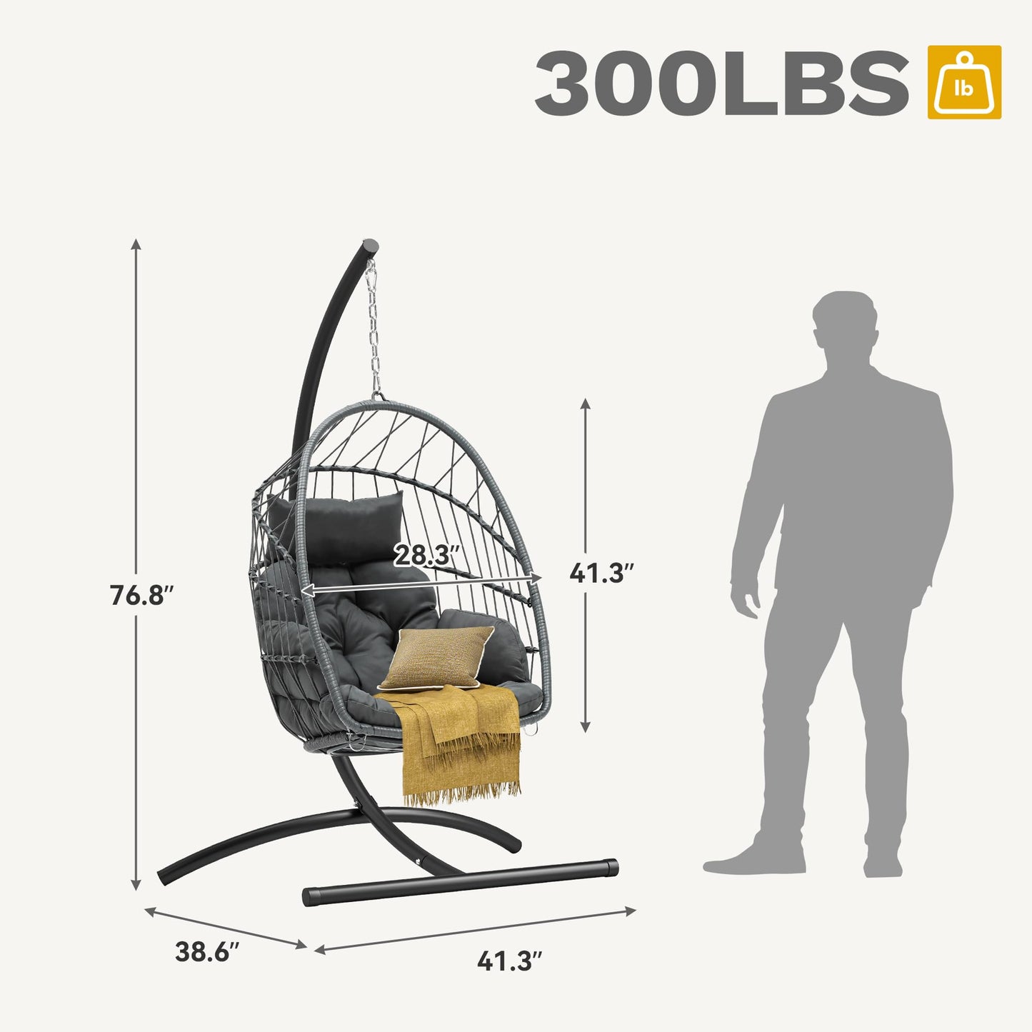 DWVO Egg Chair with Stand, Hanging Outdoor Rattan Wicker Patio Hammock Indoor Egg Chair with Cushion, Hanging Swing Chair 300lbs for Porch, Garden, Bedroom, Balcony, Gray