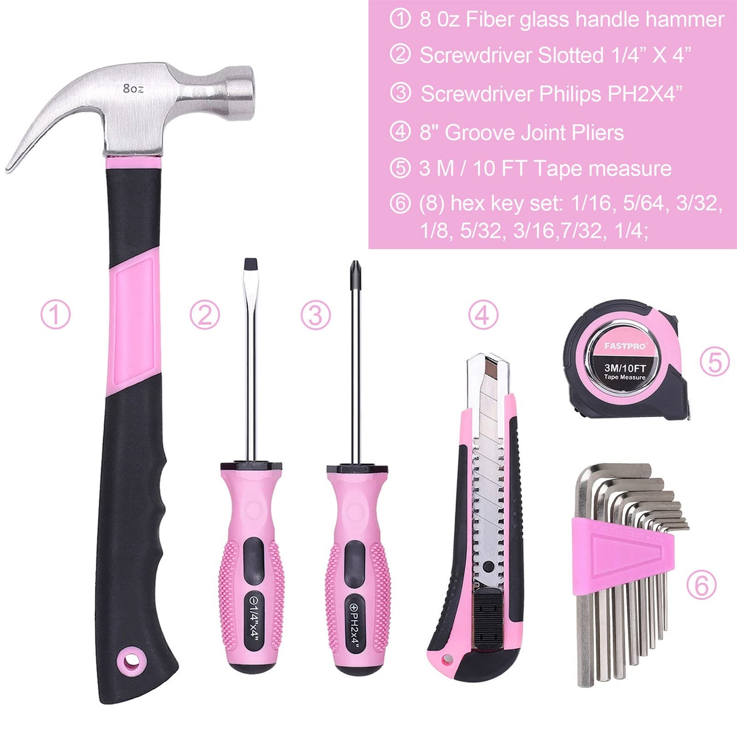 FASTPRO 14-Piece Pink Tool Kit, Hand Tool Set for women, Household Tools for Home Maintenance & Repairing,DIY Tools with Small Tool Bag