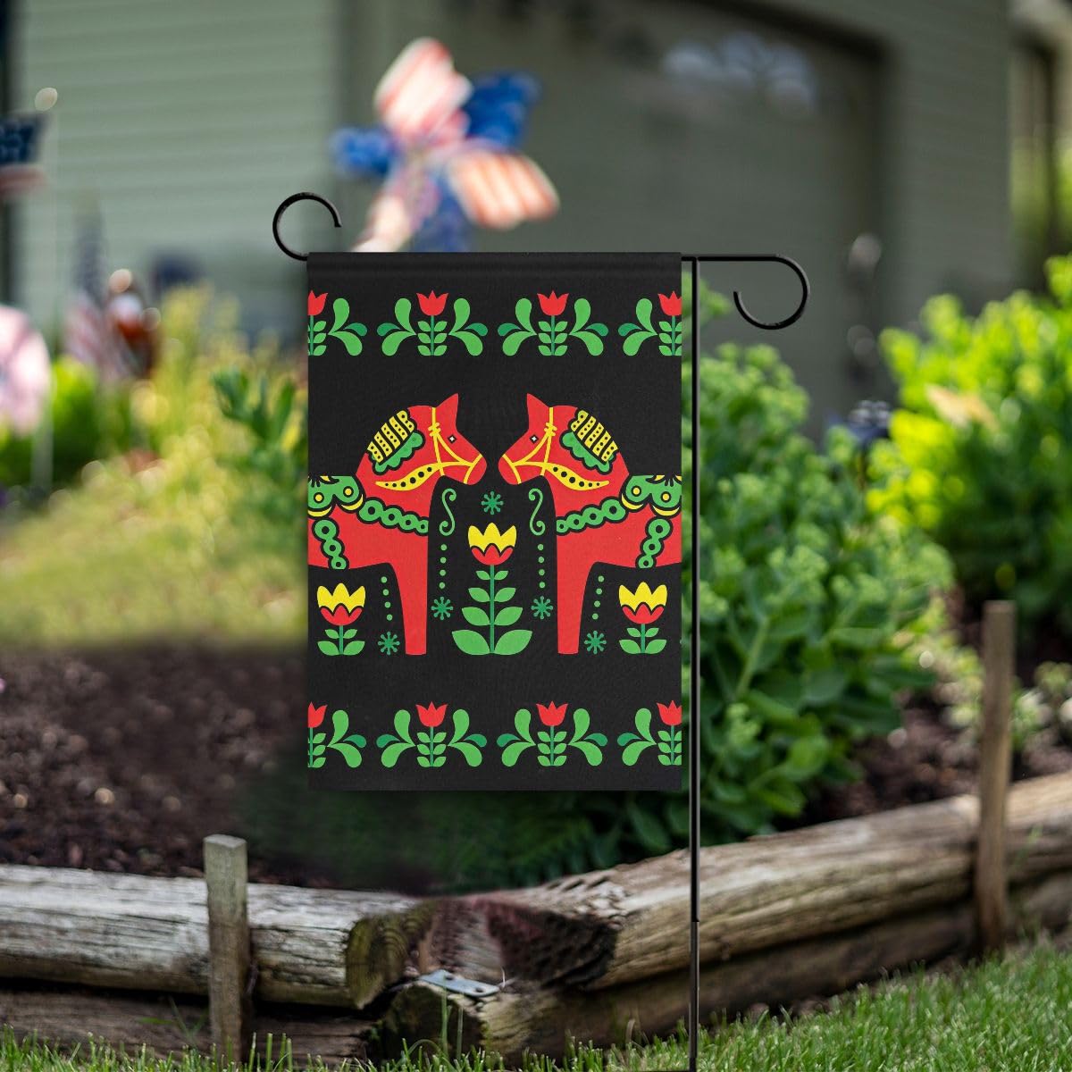Double Horse Garden Flag Yard Decor Double Sided, Swedish Dala Horse Garden Flag Stand For Patio Lawn Garden Outside 12"x18"
