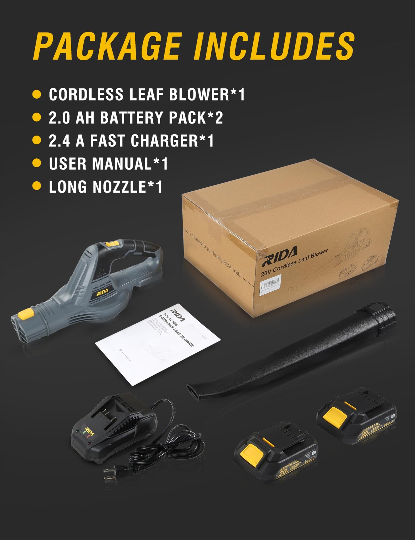 RIDA Lightweight Cordless Leaf Blower, Handheld Electric Blower with 2Pcs 2.0Ah Batteries & Fast Charger, Portable for Lawn Patio Yard Car Dust Cleaning, Easy Operation for Women & Seniors