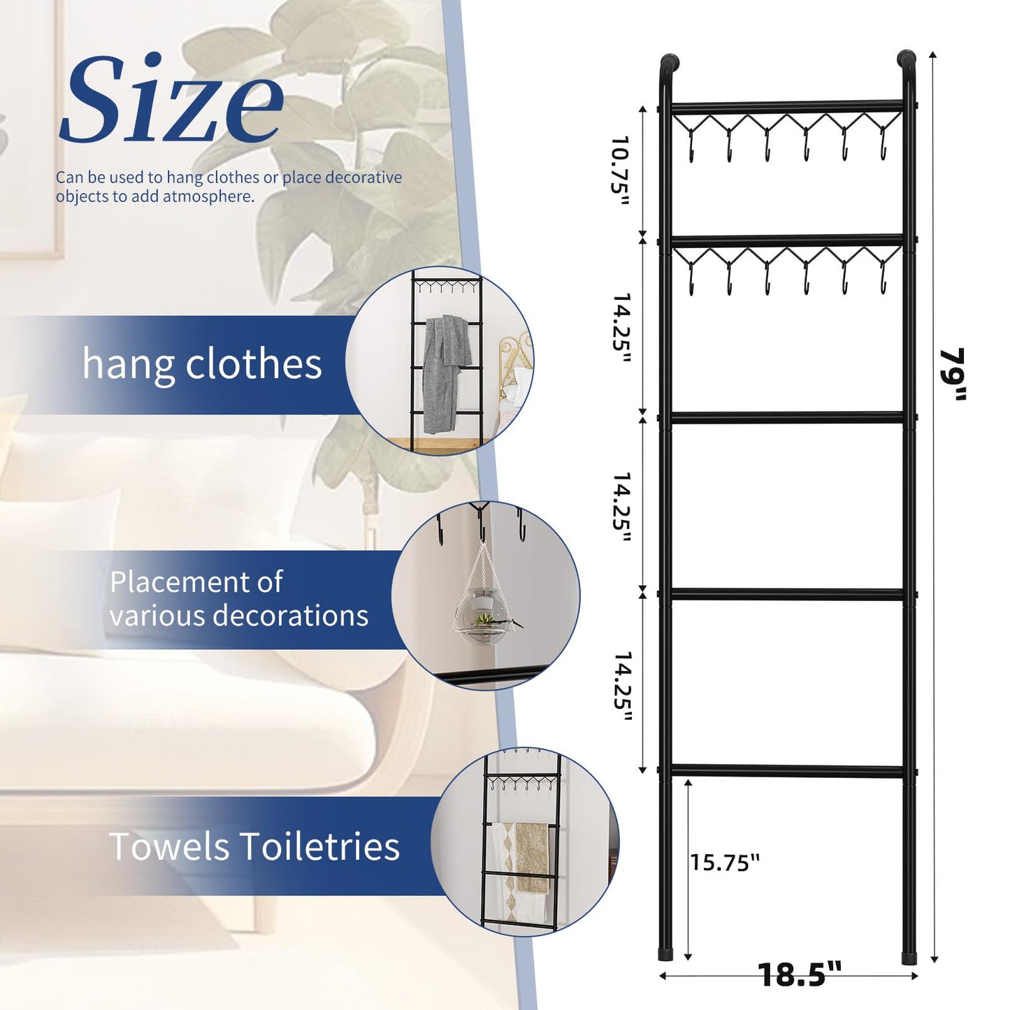Simple Trending Blanket Ladder,5 Tier Metal Towel Rack with 12 Hooks, 79'' Metal Style Decorative Ladder for The Living Room Bedroom Bathroom Home Decor, Black