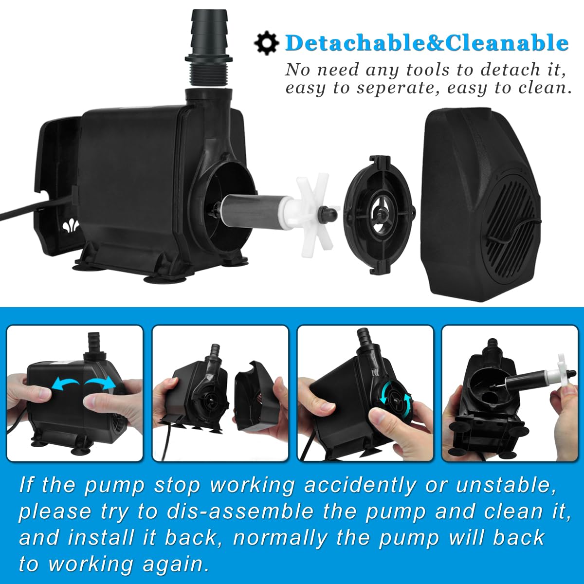 PULACO Large Flow: 800GPH(3000L/H)Submersible Pump with 6.5 ft Tubing, 45Watt Durable Fountain Water Pump With 4 Nozzles For Above 80 gallons Fish Tank or Pond