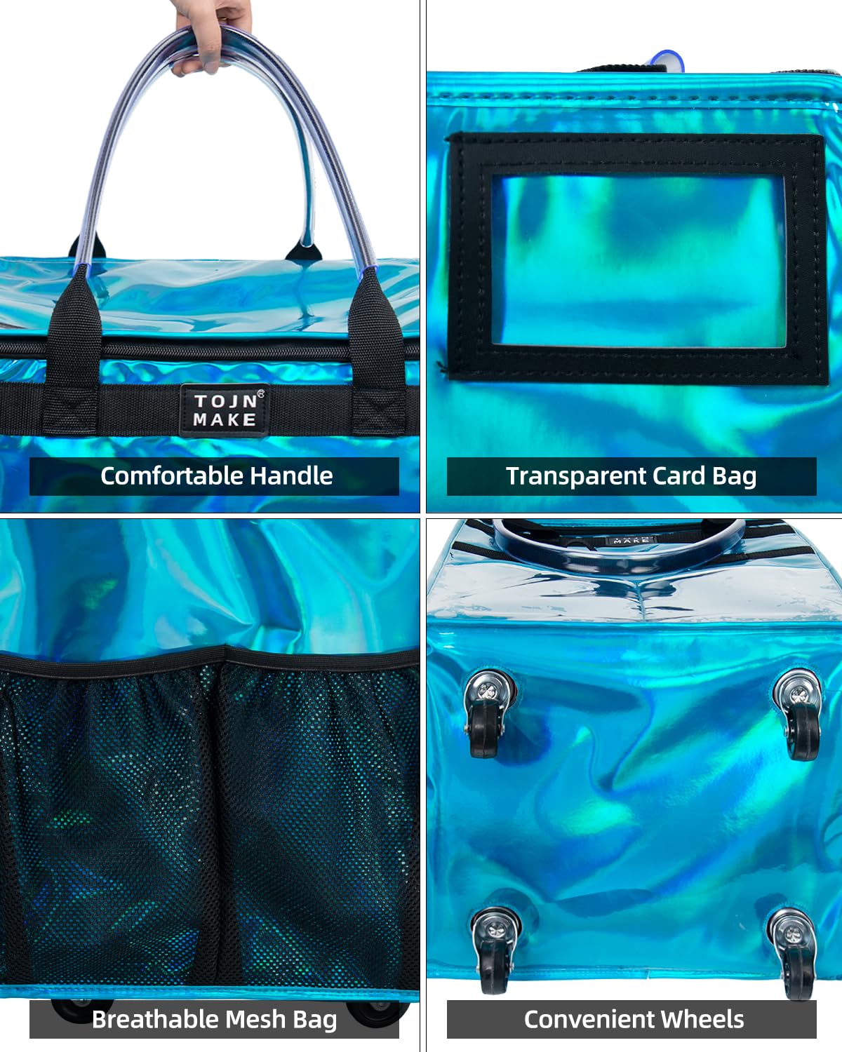Reusable Grocery Bag On Wheels, Shopping Trolley, Rolling Tote with 8 Pockets and Zipper Cover, Foldable, Heavy Duty Handles, Carries Up to 46 LBS (Medium, Glitter Blue)