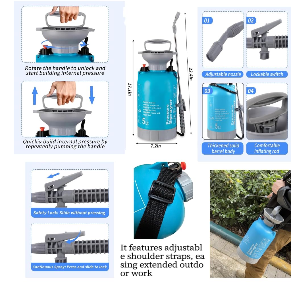 JMFANGLIU Upgraded Reinforced 1.3 Gallon Pump Pressure Sprayer-Watering for Plants, Weeds Control, Lawn Care with Adjustable Nozzles &Comfort Strap