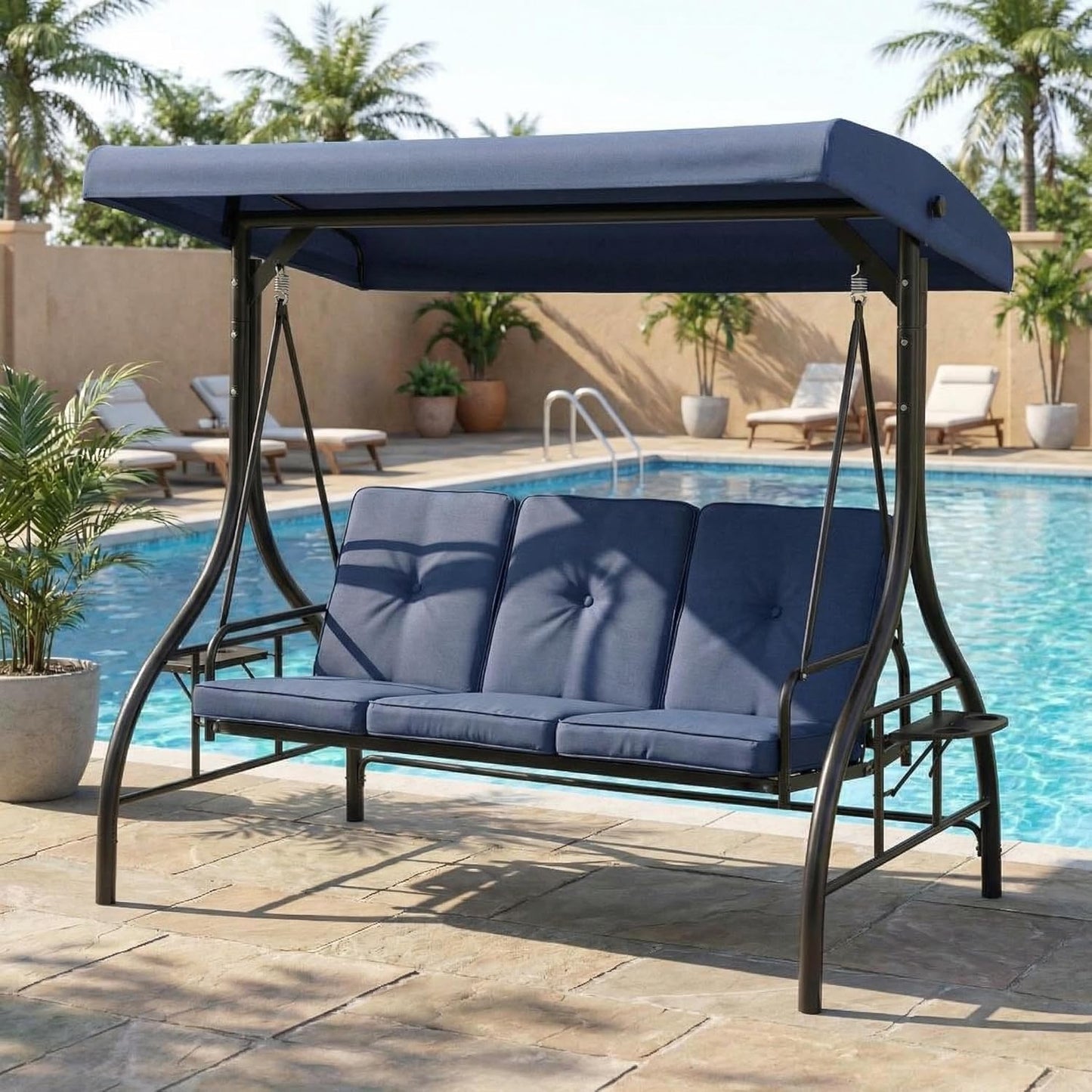 3-Seat Outdoor Swing Chair with Adjustable Canopy - Convertible Swing Bed - Thick Cushions, Built-in Cup Holders - Sturdy Weather-Resistant Steel Frame - Patio, Garden, Backyard, Navy Blue