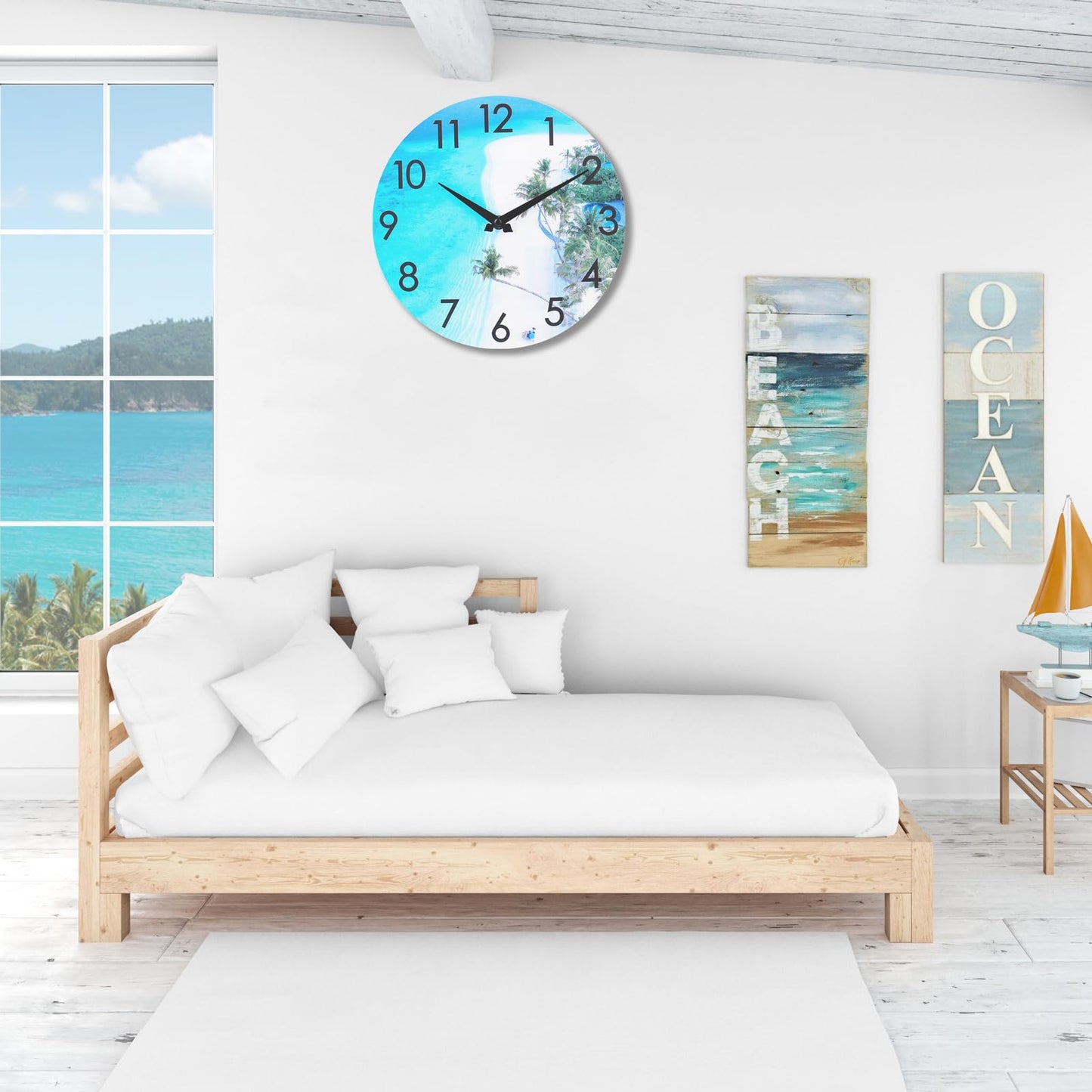 Crosstime 14 Inch Outdoor Wall Clock - Waterproof Tempered Glass, Silent Non-Ticking Easy to Read, Blue Beach Nautical Coastal Decor for Patio, Pool, Garden, Backyard