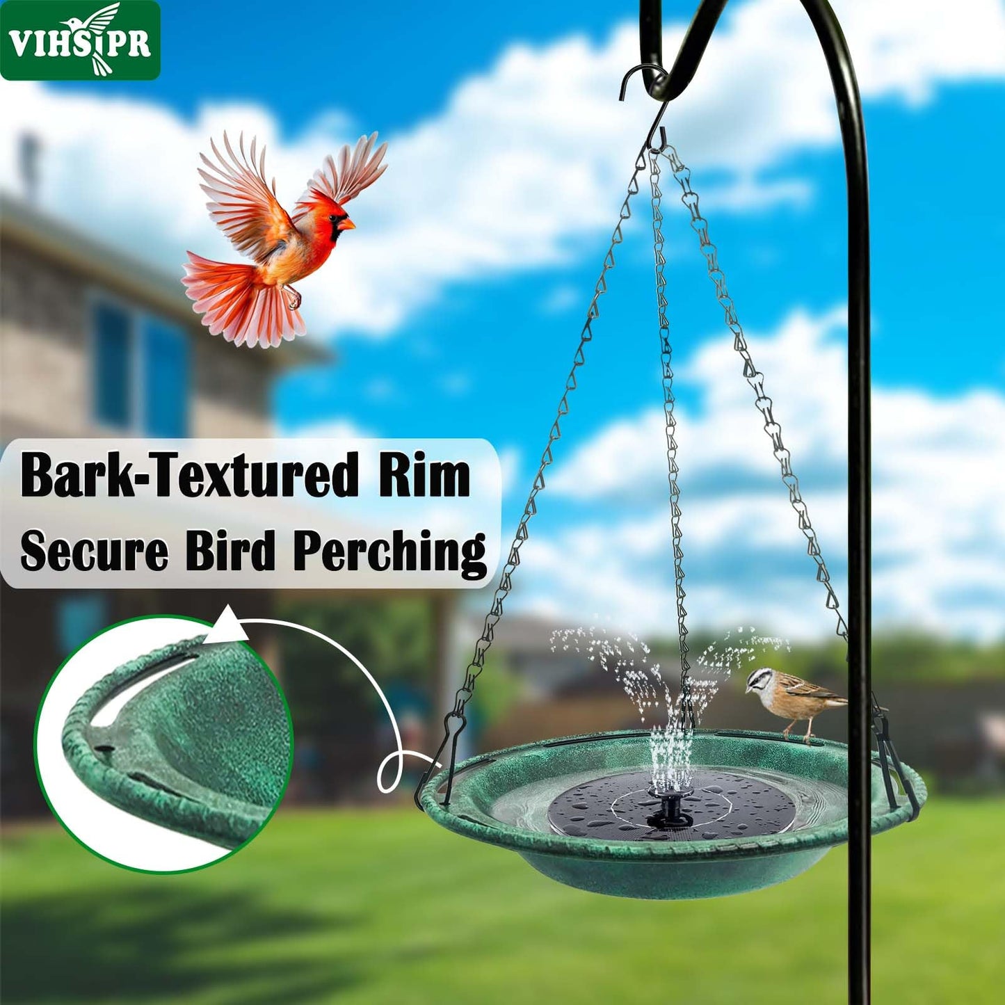 VIHSIPR Hanging Bird Bath & Feeder Bowl, 12 in Outdoor Bird Bath with Chains, Backyard Garden Decor, Durable Weather-Resistant PP, Antique Green – 1 Pack