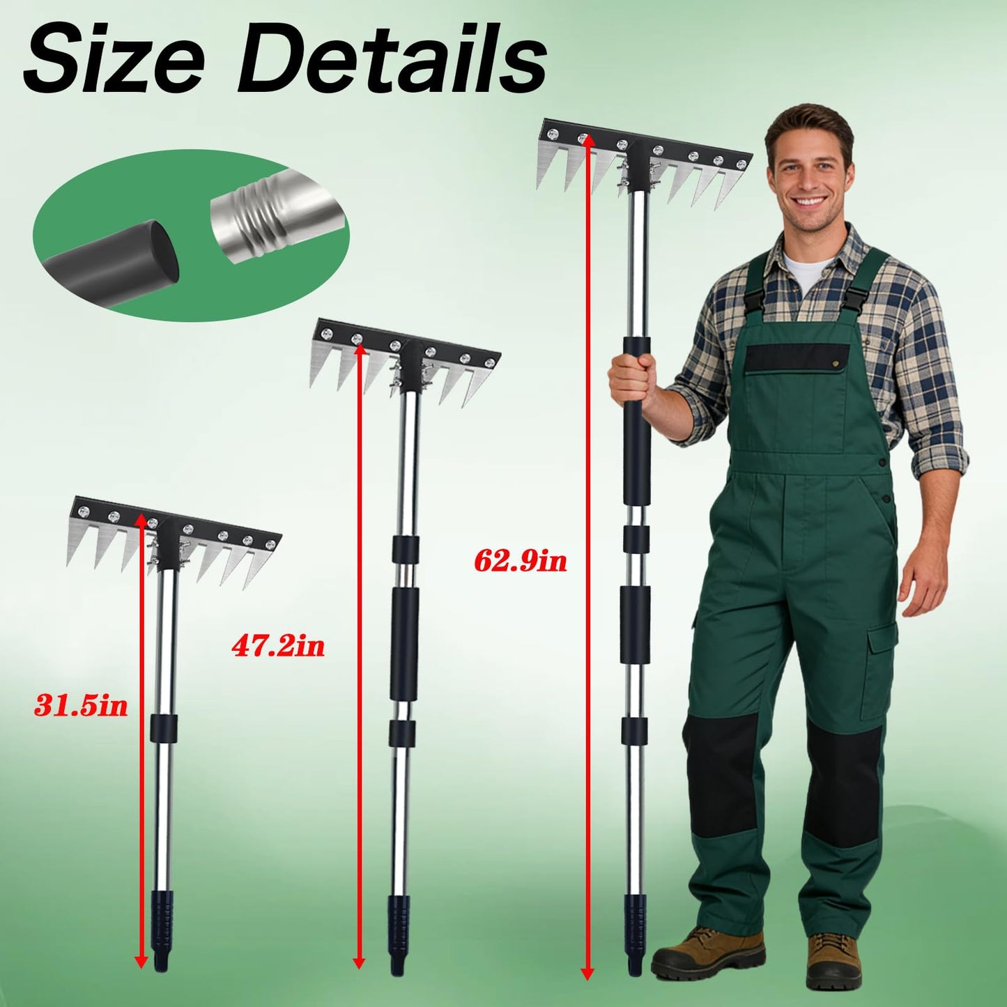 Upgraded 8 Tines Stainless Steel Weeding Tool, Thickened Version Manual Weeder Rake, Weeder Rakes with Adjustable Length Handle, Garden Weed Puller Tool for Weeding Loosen The Soil and Collect Fallen