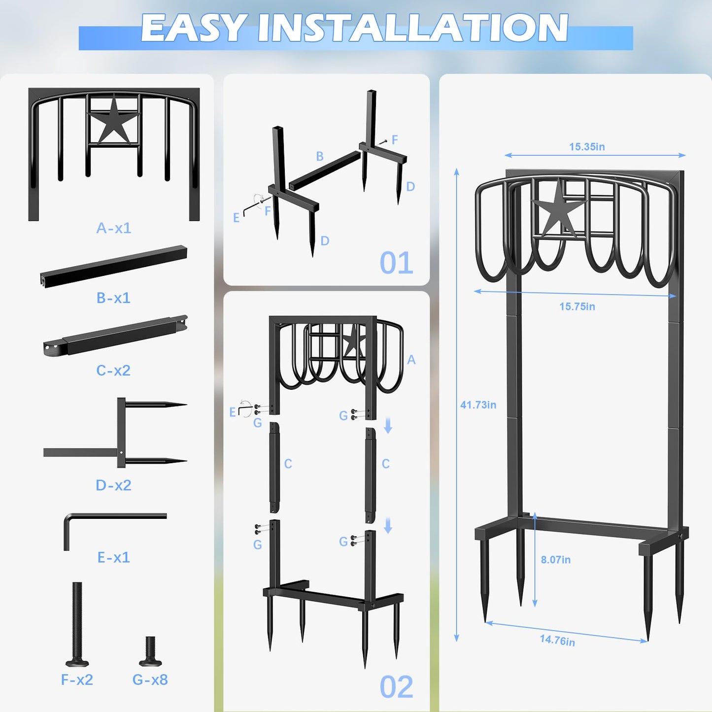 Mogaath Garden Hose Holder, Heavy Duty Freestanding Metal Stand, 165FT Garden Hose Storage with 4-Spike Stable Base, Rustproof Water Hose Holder for Outdoor Yard Lawn Garden Black