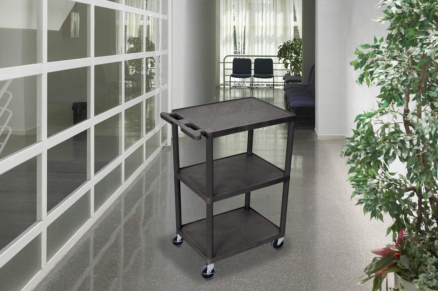 Luxor Multipurpose Three Shelves Structural Foam Plastic Storage Utility Cart - Black