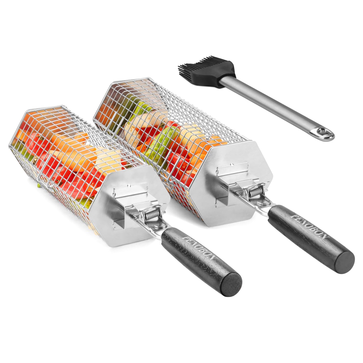 Hexagonal Rolling Grilling Basket Set, 2 PCS Stainless Steel BBQ Grill Baskets with Removable Wooden Handles, Large & Small Nestable Design for Outdoor Camping, Ideal for Vegetables, Meat & Seafood on Gas/Charcoal Grill