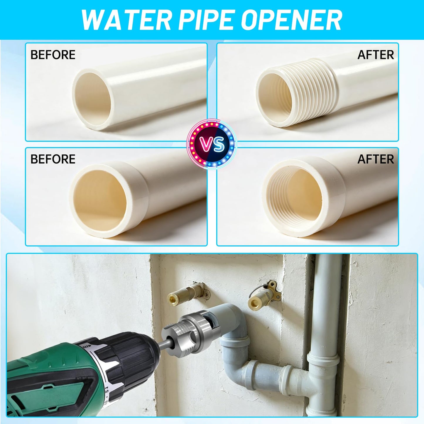 3pcs Pvc Pipe Threader Kit,Dual-Function Integrated Internal & External Pipe Threading Tool For 1/2" & 3/4"& 1" Pvc/Plastic Pipes,Electric Drill Compatible For Home Repair(1/2"+3/4"+1")