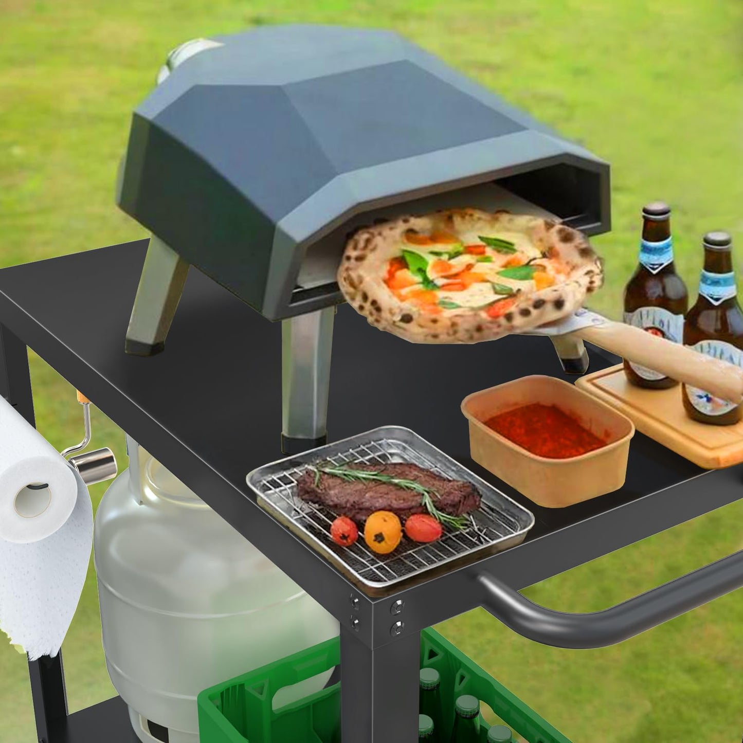 32x20IN Double-Shelves Grill Table, Outdoor Grill Cart for Blackstone Griddle, Movable Pizza Oven Table Cart for Outside Patio, Kitchen Cooking Food Prep Table for Party
