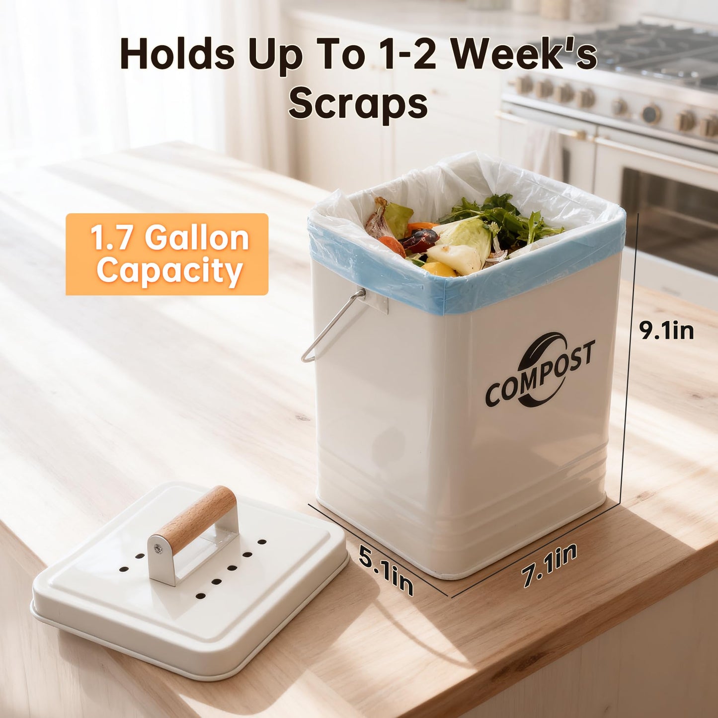 Candco Kitchen Compost Bin, 1.7 Gallon Countertop Compost Bin with Lid and Charcoal Filter, Kitchen Composter for Food Waste, Rust Proof Indoor Bucket, White