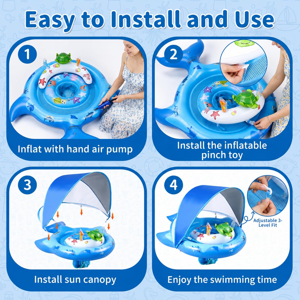 Inflatable Baby Pool Float with Sun Canopy, UPF50 Sun Protection, Portable & Easy to Store, Padded Safety Seat with, Includes Air Pump, with Toys Baby Swim Float for 6-36 Months Boys & Girls(Blue)
