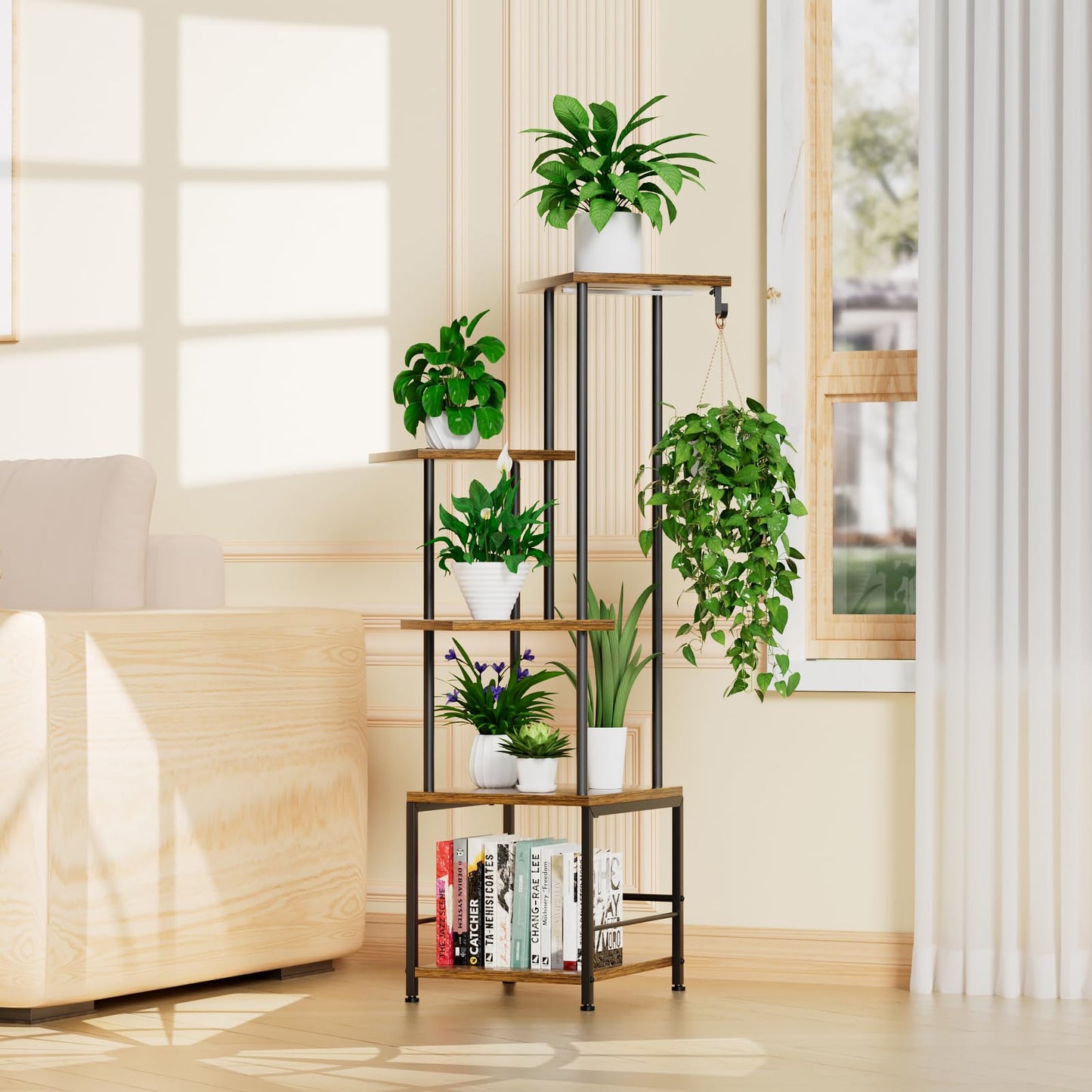 Homsorout Plant Stand Indoor with Grow Light - 5-Tier Metal Plant Shelf with Hanging Basket Hook, Corner Tall Flower Holder for Multiple Plants, Living Room Balcony Garden Patio, Rustic