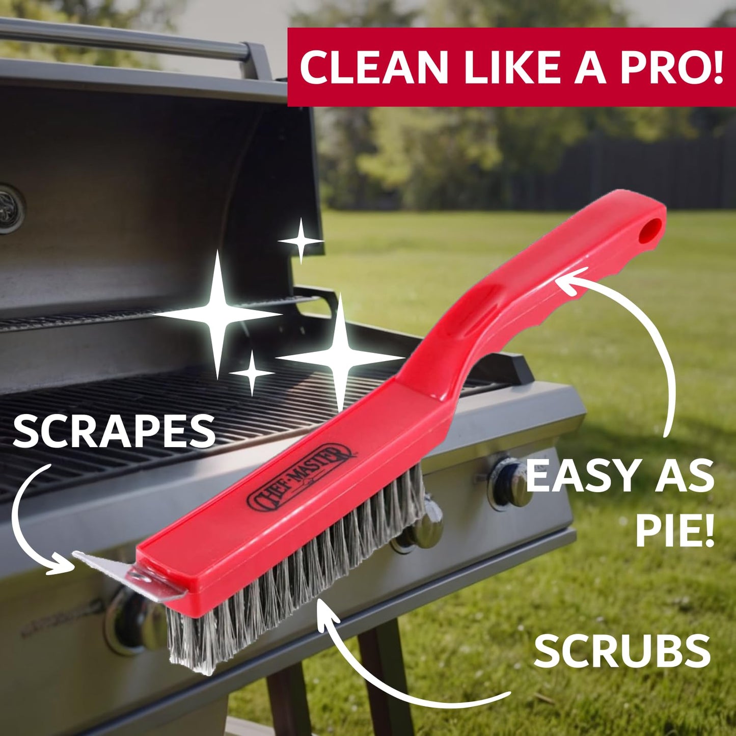 Chef Master Grill Brush with Scraper Head – Heavy-Duty Wire Bristle Cleaner - Grill Barbecue Cleaner for Outdoor - Ergonomic Handle, Outdoor BBQ Tool & Accessories - 90044