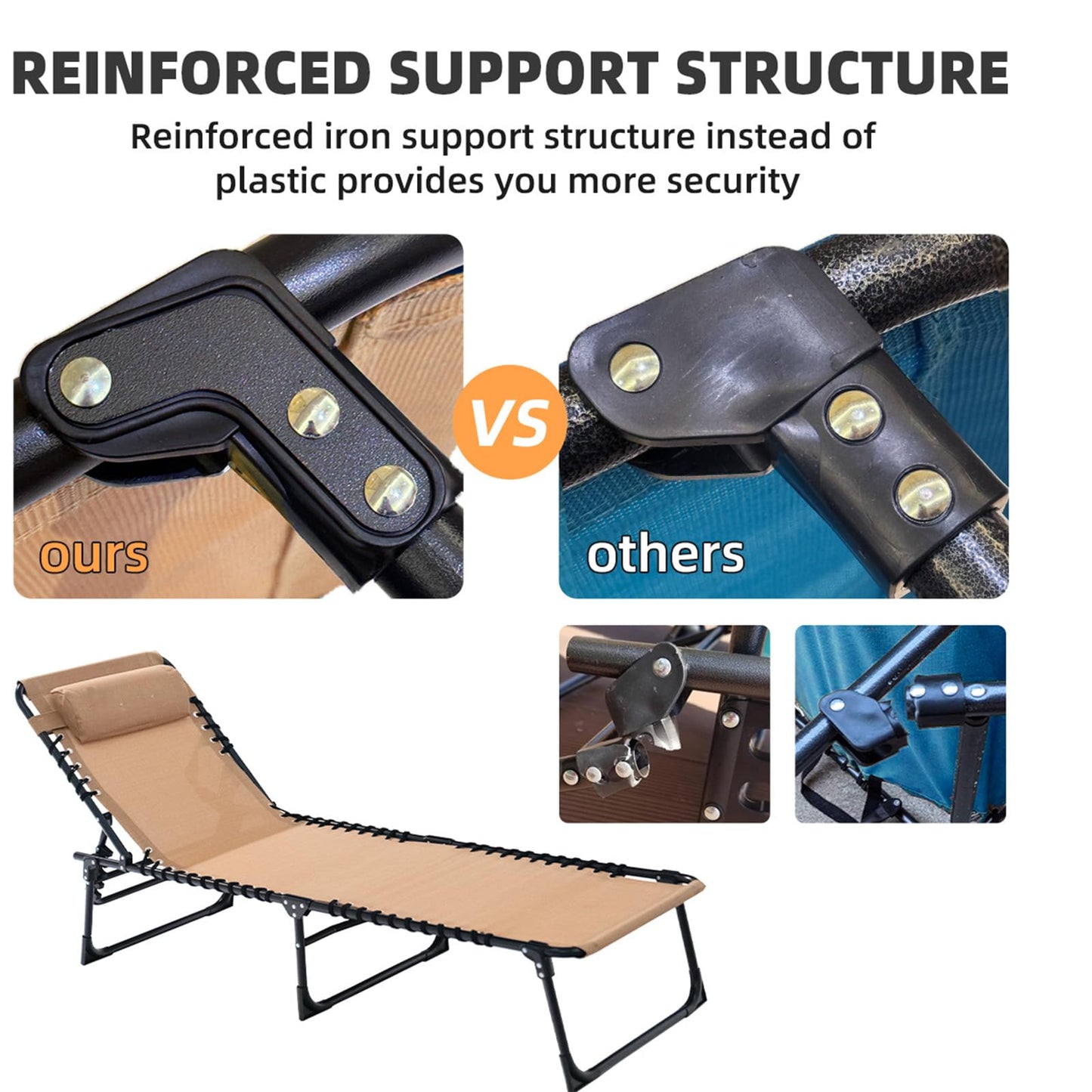 Foristrail Folding Chaise Lounge Chair Bed - Heavy-Duty 400lb Capacity Portable Adjustable Recliner w/Pillow for Patio, Pool, Camping, Sunbathing - Lay Flat Design (Beige)