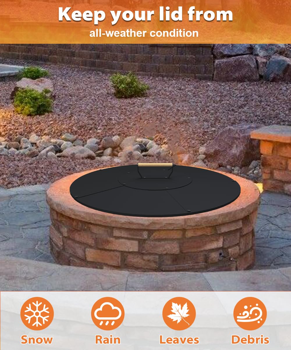 Ardier 28" Wooden-Handle Fire Pit Lid for Pits up to 26", Round Metal Bonfire Pit Burner Pan Cover, Smokeless Fire Pit Cover for Fire Tables, All-Weather Resistance Outdoor Firepit Accessory