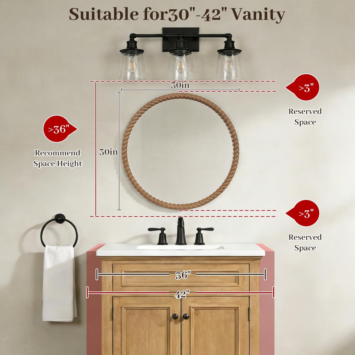 WallBeyond 30" Round Mirror with Rope-Design Frame, Large Circle Wall Mirror for Bathroom, Bedroom, Entryway & Living Room, Natural