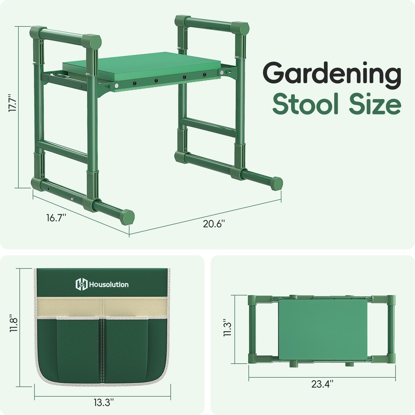 Housolution Garden Kneeler and Seat with Anti-Tipping Extendable Legs, Foldable and Portable Garden Stool with 2 Tool Bags, Thick Soft Kneeling Pad, Gardening Gifts for Women Men Seniors, Deep Green