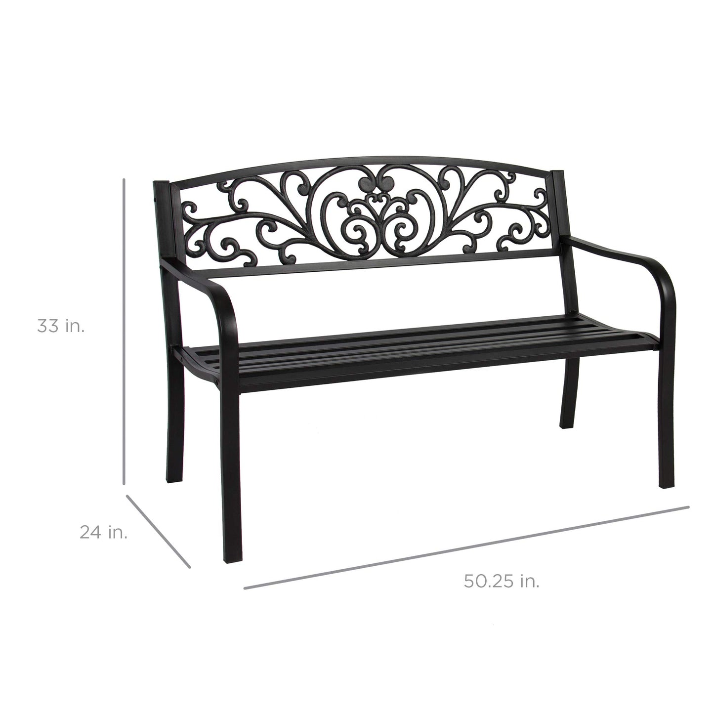 Best Choice Products Outdoor Bench Steel Garden Patio Porch Furniture for Lawn, Park, Deck w/Floral Design Backrest, Slatted Seat - Black