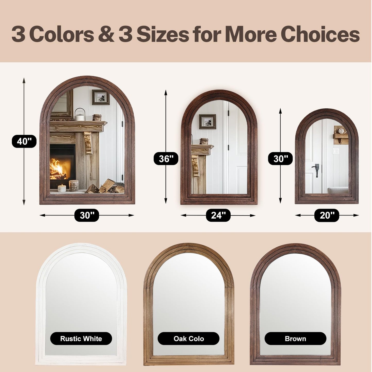 LXWZHK 36"x24" Arched Wooden Frame Wall Mirror, Rustic Vanity Wall Mirror for Bathroom, Bedroom, Brown