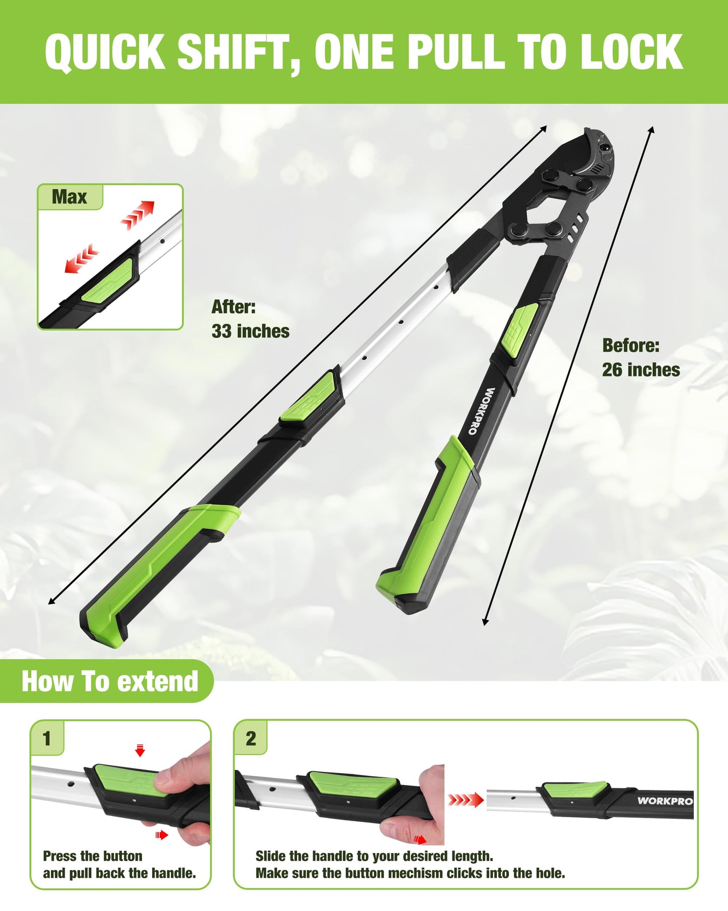 WORKPRO 26"-33" Extendable Anvil Lopper, Heavy Duty Tree Trimmer with 2 Inch Cutting Capacity, Branch Cutter with Compound Action, Garden Lopper with Telescopic Handles for Garden Farm Orchard