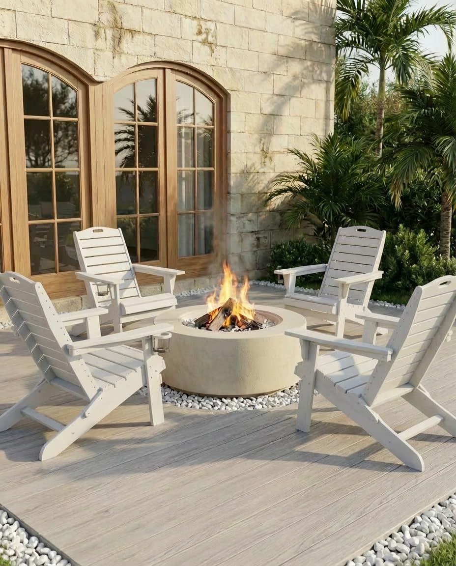 SUUNYN Folding Adirondack Chair with Retractable Ottoman, Weather Resistant Fire Pit Chair Patio Chair with 2 Cup Holder Lawn Outdoor Lounge Chair (White)