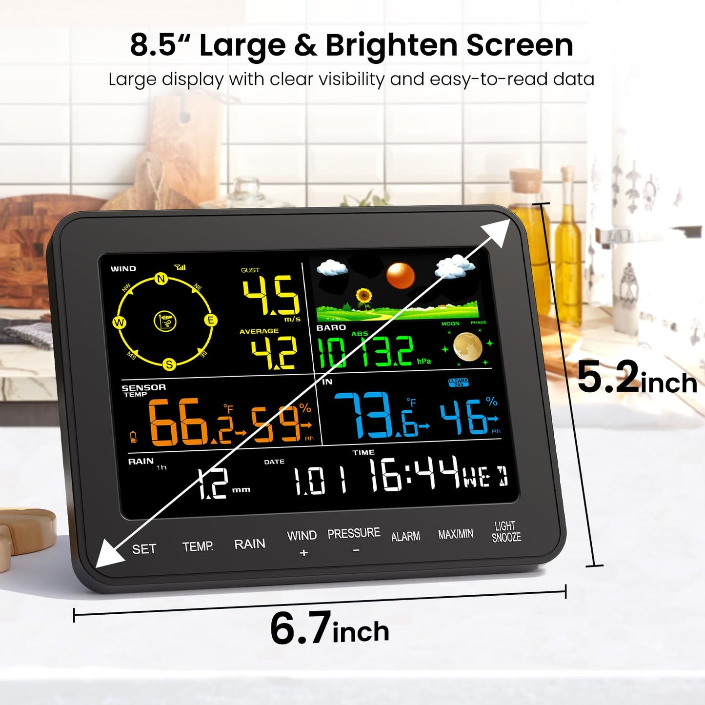 Govanli Weather Stations Wireless Indoor Outdoor, Home Weather Station with Rain Gauge Outdoor for Temperature, Humidity, Forecast, Pressure, Moon Phase and Alarm Clock for Patio, Bedroom(No WiFi)