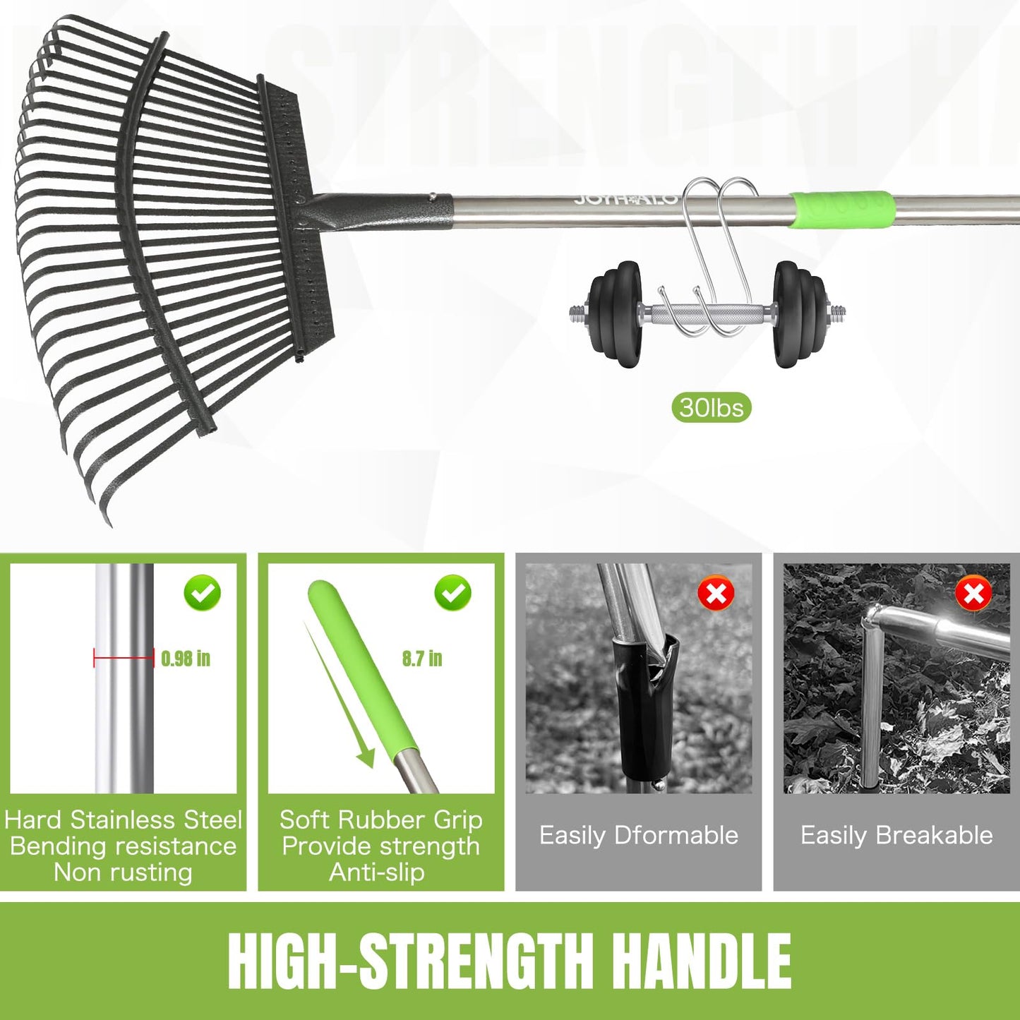 Joyhalo Rake for Leaves Adjustable 65 Inch Long, 18 Inch Wide Garden Rake with 25 Tines, Metal Leaf Rakes, Rakes for Lawns, Gathering Leaves, Weeds, Debris