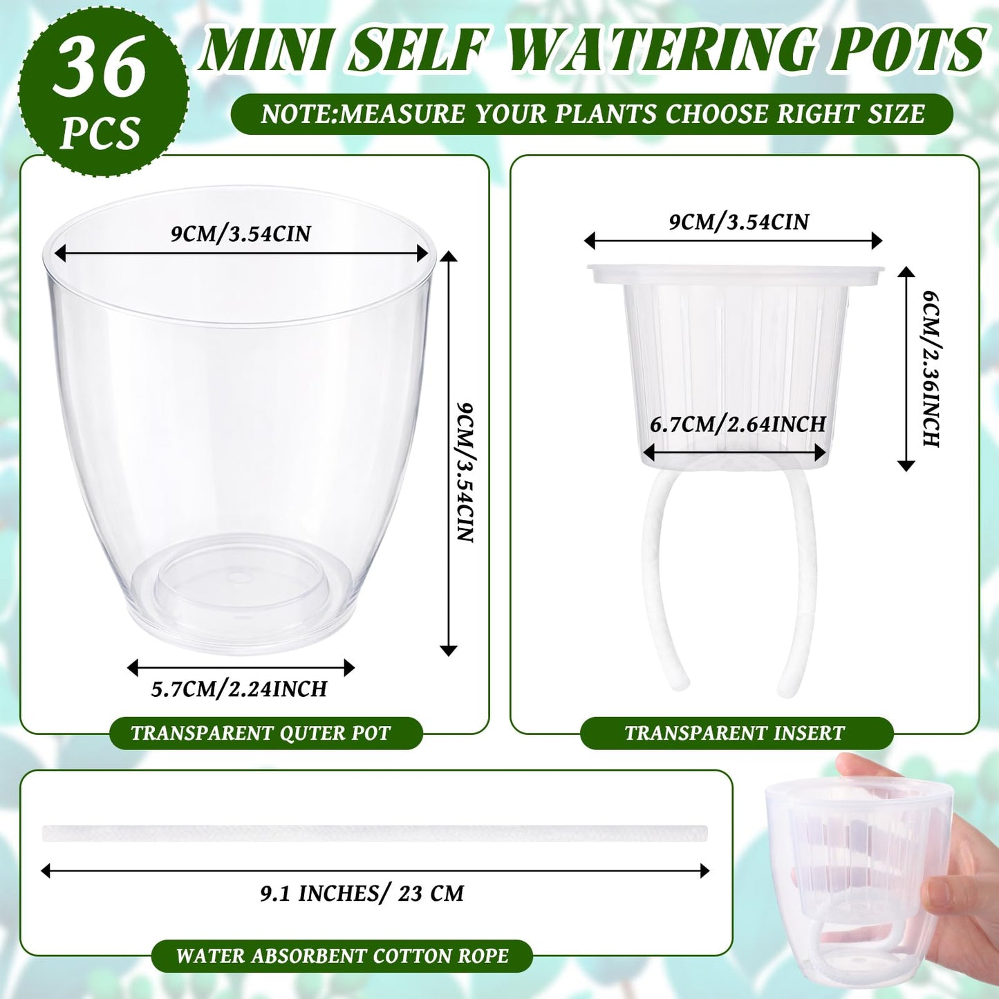 Ferrochef 36 pcs Self Watering Pots, 3.5 Inch Plastic Flower Plant Pot with Inner Pot Self Watering Wick Planter White Clear Flower pots for Indoor House Plants Herbs, Flowers, Succulents