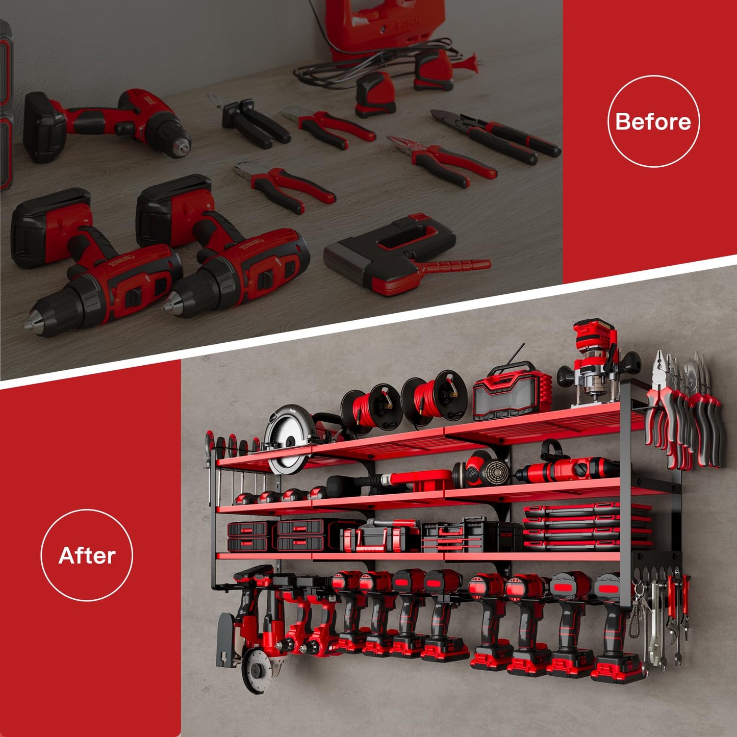NattyDot 48" Large Power Tools Organizer Wall Mount,12 Drill Holder for Garage, Workshop Heavy Duty Storage Rack (Red)