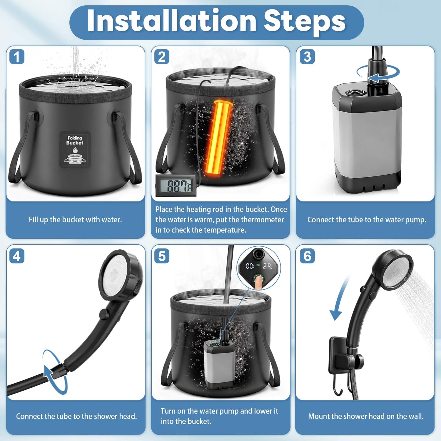 Portable Shower with Heater 1500W Camping Water Heater with Shower Head 3 Spray Modes, 6000mAh Rechargeable Shower Pump with LED Display Foldable Bucket Outdoor Showering for Hiking RV Car Travel Pet