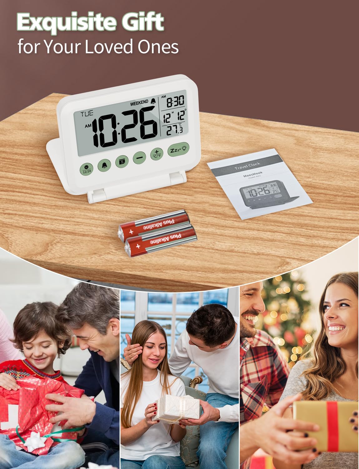 MeesMeek Digital Travel Alarm Clock - 3.54 inch LCD Display, 9-Minute Snooze, 2 Volume Levels, Backlight, Battery Included (White)