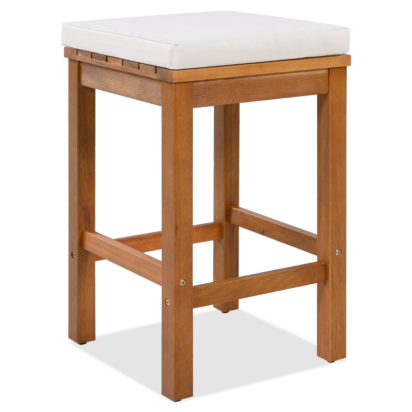 Merax 5 Piece Outdoor Acacia Wood Dining Table Bar Set, Patio Acacia Wood Bar Height Table & 4 Stools with Cushions, Wood Dining Bar Set for Backyard, Poolside, Balcony, Beige Cushion + Natural Wood