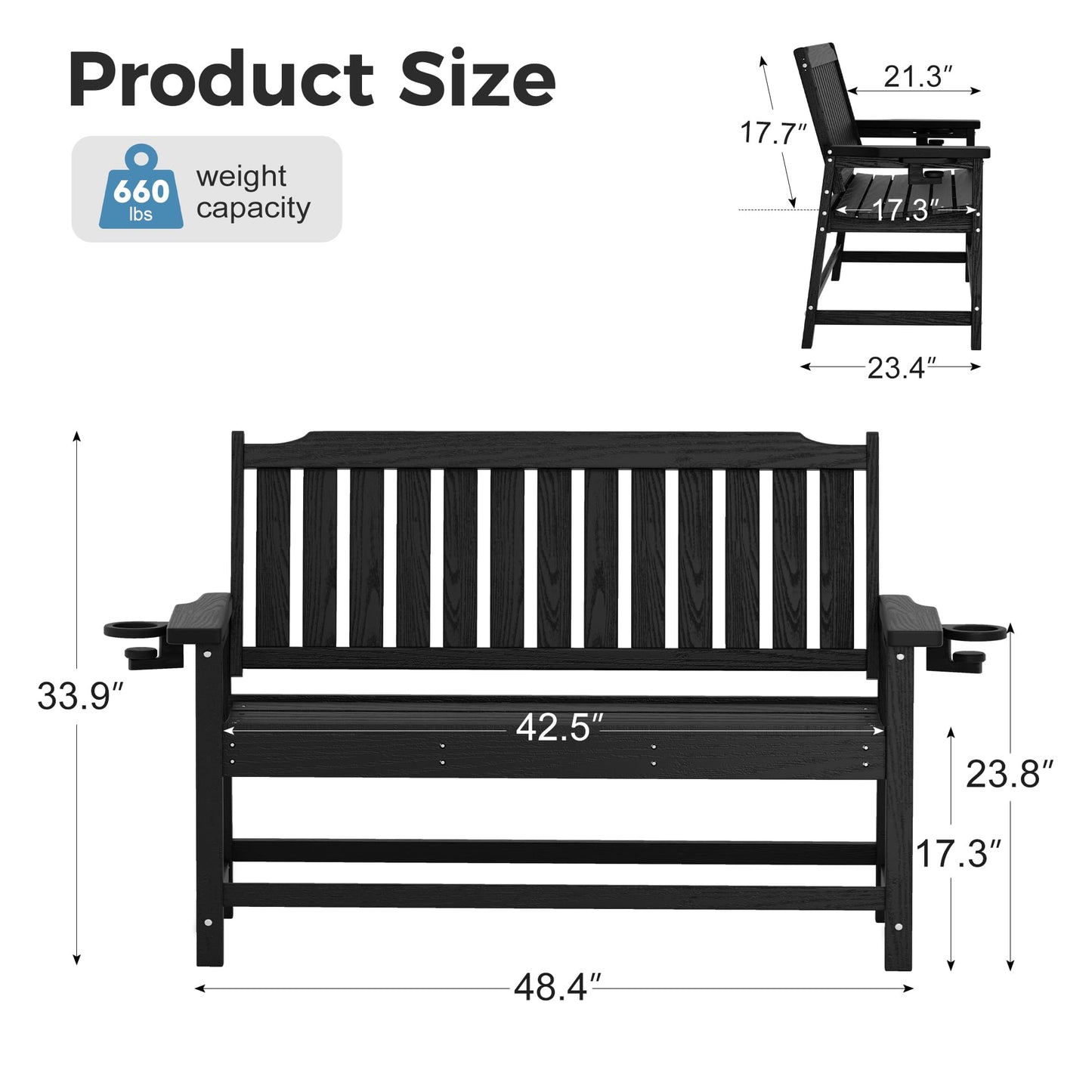 WACASA 48" Outdoor Bench, HDPE Weatherproof Porch Bench, 2-Person Garden Benches with 660 Lbs, Waterproof Patio Benches for Outside Balcony Deck Backyard, Black
