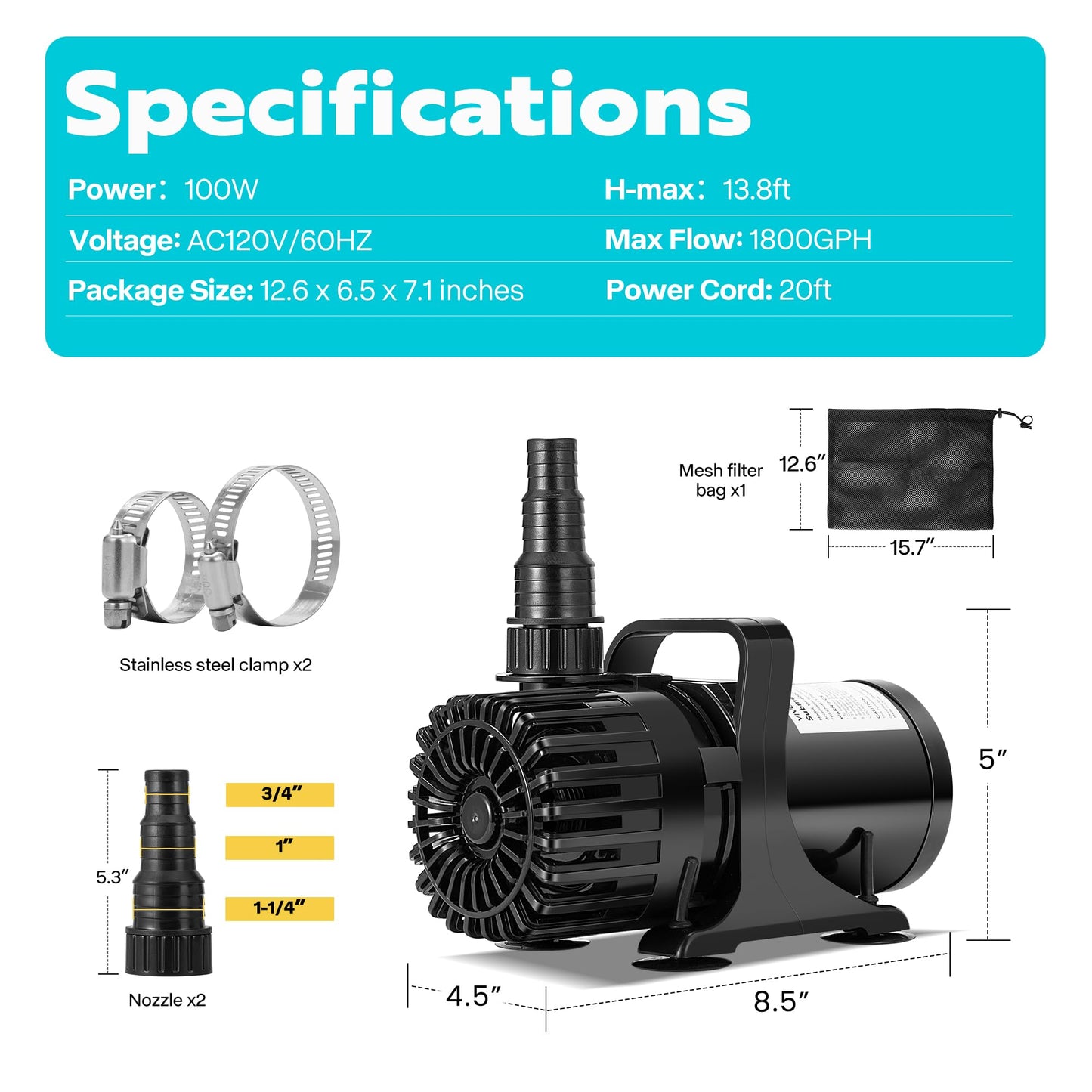 VIVOHOME 100W 1800GPH Submersible Water Pump with 180° Adjustable Water Outlet, 13.8ft High Lift for Waterfall Fountains Fish Tank Pond